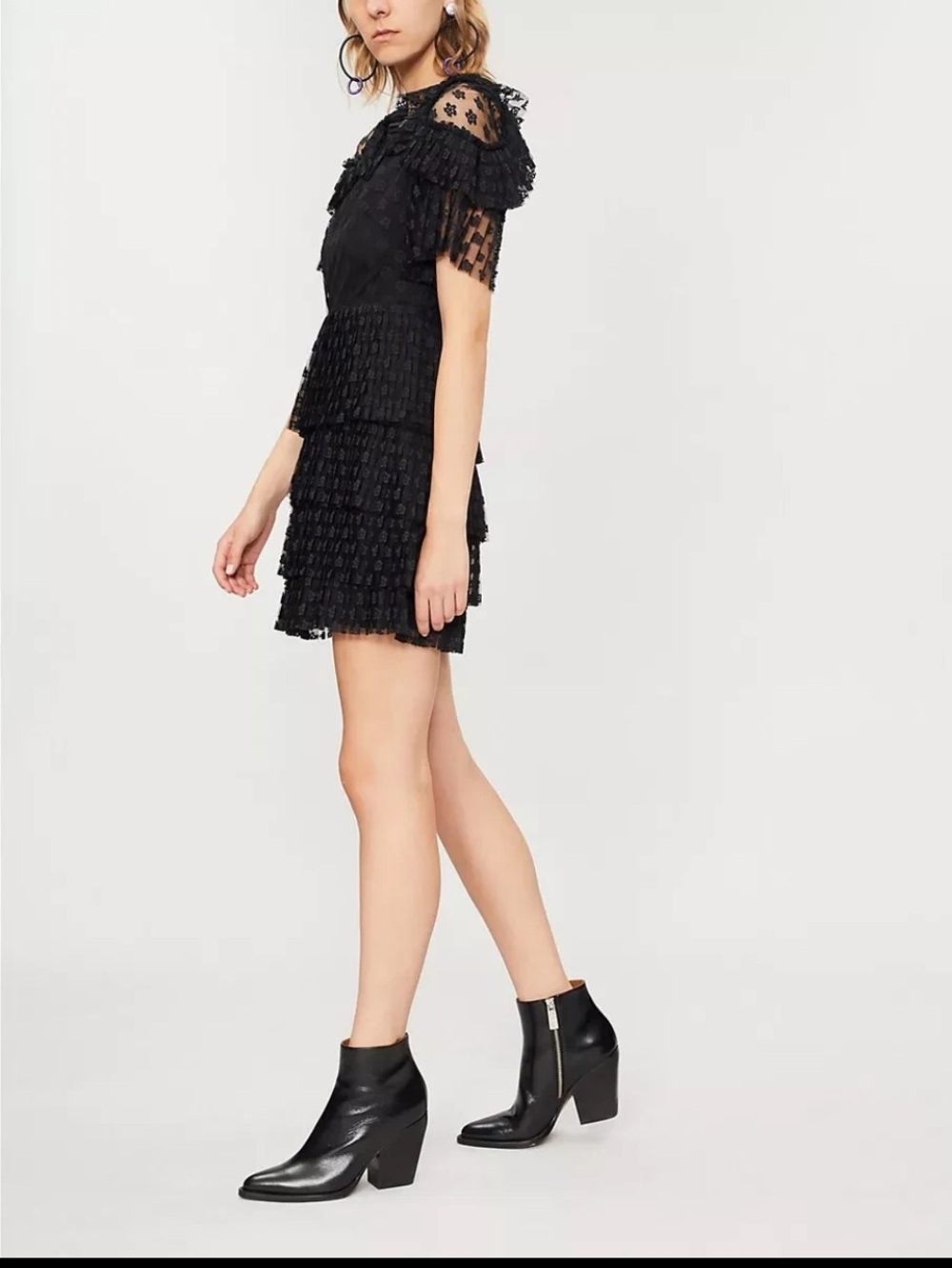Sandro Paris Black Floral Pleated Ruffle Lace Mini Dress Whimsygoth Feminine - Picture 14 of 16